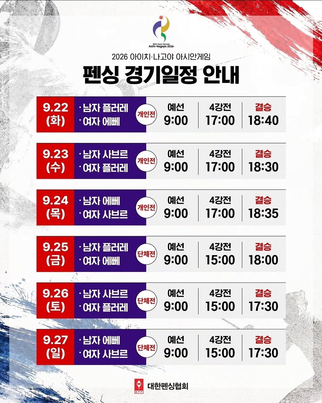 아시안게임 펜싱경기 일정안내입니다.